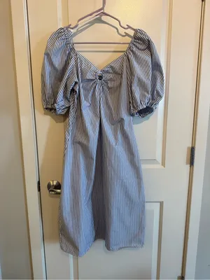 Blue and White Striped Puff-Sleeve Midi Dress thumbnail 2