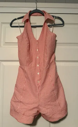 Maeve Halter Striped Romper Resort Beach Retro Preppy Summer Americana NO Belt thumbnail 1