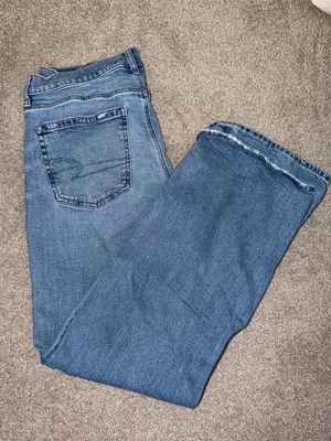 American Eagle Outfitters TALL Blue Straight-Leg Jeans with Raw Hem thumbnail 1