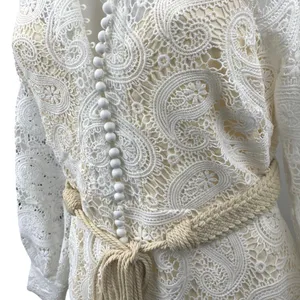 NEW L'atiste White Paisley Lace Long Sleeve Belted Midi A-Line Shirt Dress Sz M thumbnail 5