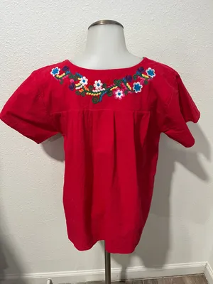 Mexican Floral Embroidered Cotton Top Size Medium Red thumbnail 3