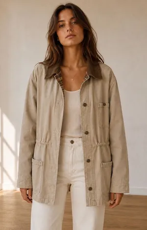 Vintage Tan Barn Coat Corduroy Collar Cotton Utility Jacket Chore Coat Large thumbnail 1