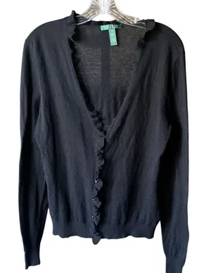Lauren LRL Black Ruffle V-Neck Cardigan Cashmere Wool Blend Med #763 thumbnail 1