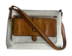 Fossil kinley Women's Crossbody Bag Key Pattern Canvas Leather Trim Cream Brown thumbnail 1