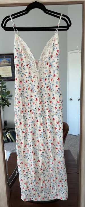 Wild Fable Women's Lace Trim Maxi Empire Waist Dress in Cream Floral NWT Bow XS thumbnail 1