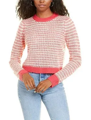 WAYF Womens Size XL Open Knit Stripe Crewneck Sweater White Pink Pullover Ribbed thumbnail 1