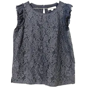 LOFT Gray Lace Ruffle Sleeve Blouse Keyhole Back Top Women’s Medium thumbnail 2