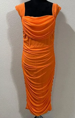 Orange Ruched Draped Dress Size L thumbnail 1