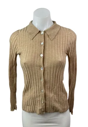 Zara Tan Rib Knit Wool Long Sleeve Collared Button Down Cardigan Sweater Top S thumbnail 1