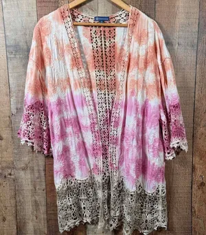 Democracy Tie Dye Crochet Kimono 1X Plus Lace Duster Swim Cover Up Pink Orange thumbnail 1