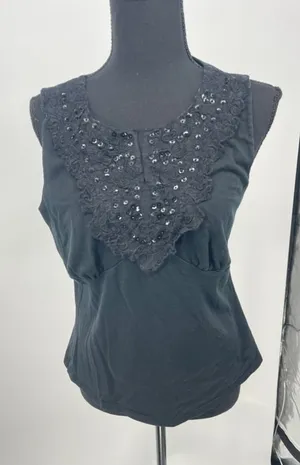 WD NY Black Sleeveless Top with Sequin‎ Lace Embellishment Elegant Evening Wear thumbnail 1