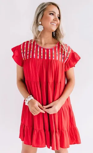 Red Ruffled Women's Dress thumbnail 1
