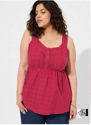 Torrid Babydoll Cotton Window Pane Button Front Tank in Red Bud thumbnail 1