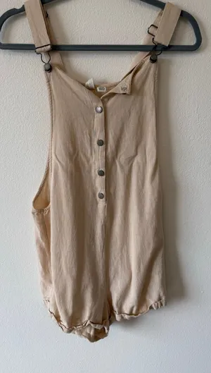 Roxy Linen Blend Beige Tan Flowy Button Down Overall Shorts Romper Womens M thumbnail 1