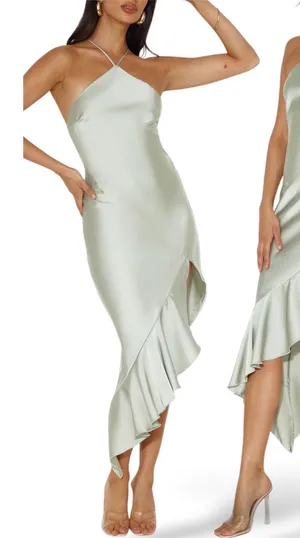 Hello Molly Sage Green Satin Halter Ruffle High Low Midi Dress Womens Size 10 thumbnail 1