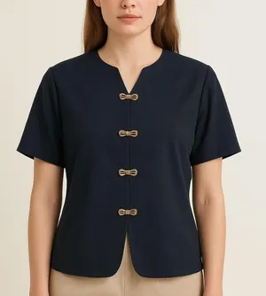 Heury Lee Black Vintage Short Sleeve Blouse Bow Button Size 12 NWT thumbnail 1