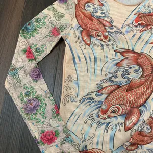 Miami Ink Tattoo Print Mesh Top Tan Koi Fish Floral Long Sleeve Y2K Slim XS/S thumbnail 3