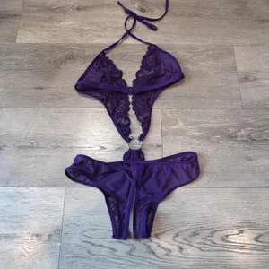Avidlove Purple Lace Mesh Halter Teddy Bodysuit O-Ring‎ Detail Small thumbnail 2