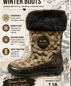 Coach Joyous Signature C Winter Snow Boots Faux Fur Trim Khaki Brown Women's 7.5 thumbnail 1