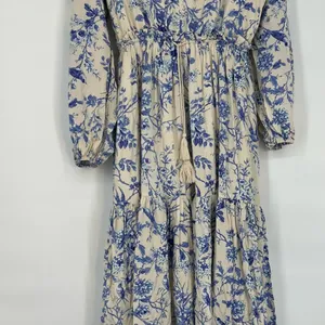 Blue Floral Long Sleeve Tiered Maxi Dress Cream/Blue XS thumbnail 9