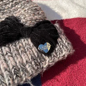 Betsey Johnson knit knitted black velvet bow beanie hat with a silver heart thumbnail 2