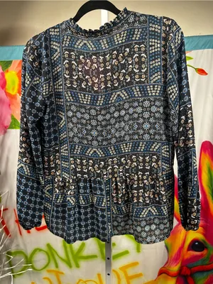 P290. LOFT Blue Patchwork Print Long Sleeve Top thumbnail 3