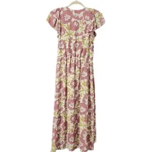 Leith Floral Midi Dress Women's Pink Ivory High Low Flutter Sleeve,‎ Medium thumbnail 5