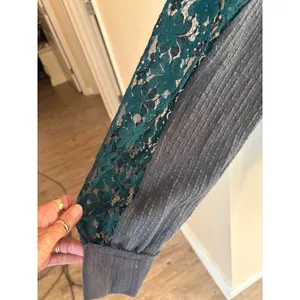 POL Womens Charcoal Grey Thermal Knit Henley Teal Floral Lace Sleeve Boho Top S thumbnail 2