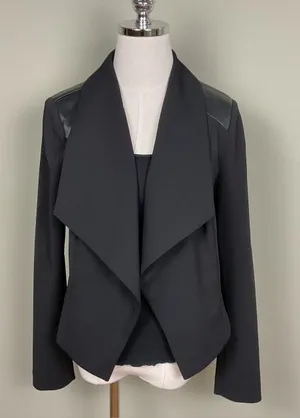 WHBM Black Draped Blazer Open Front Jacket Mixed Media Vegan Sz 10 thumbnail 1