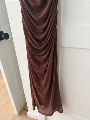 Ruched Cowl Neck Maxi Dress in Chocolate Brown thumbnail 3