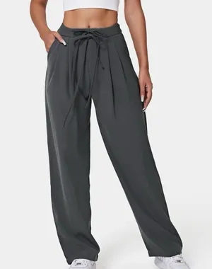 High Waisted Drawstring Zipper Side Pocket Plain Wide Leg Pants Sz L Gray thumbnail 1