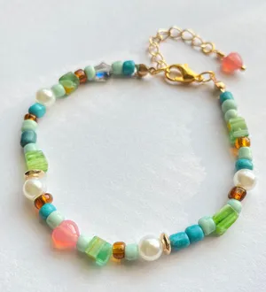 Handmade colorful Czech glass beads mix Kawaii bracelet💚 thumbnail 1
