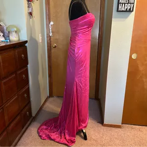 NWOT metallic pink strapless prom dress ruched front slit size 0 thumbnail 2