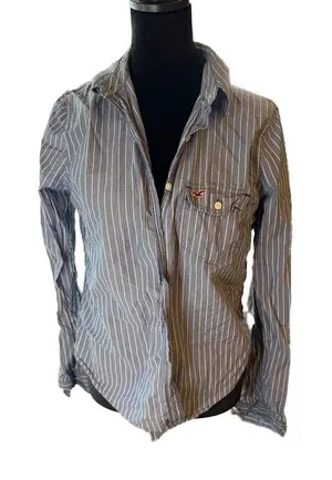 Hollister Women's Blue and White Striped Long Sleeve Button Down Shirt Size M thumbnail 1