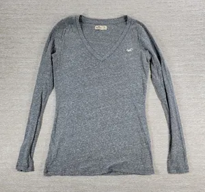 Hollister V Neck Long Sleeve Basic Tee Size M Womens Gray Slim Fit Logo Y2K thumbnail 1