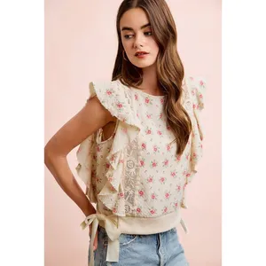 BiBi Flower Printed Ruffle Sleeve Trim Detail Top - Red Flower - Large thumbnail 5