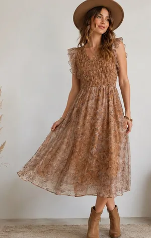 ARULA Brown Floral Maxi Dress with Smocked Bodice thumbnail 1