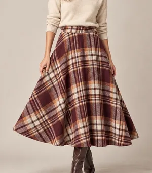 Vintage 70s Plaid Wool Blend Midi Skirt Burgundy Tan A Line AcademiaHeritage thumbnail 1