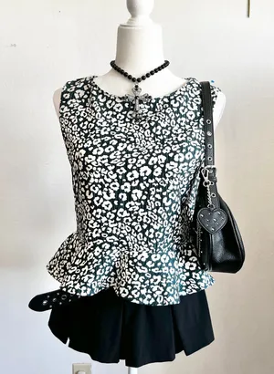 Teal Leopard Peplum Top, Y2K Inspired, Retro,‎ Boho, Bohemian, Small thumbnail 1