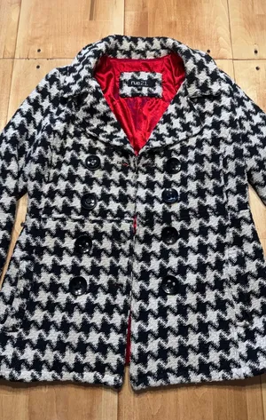 rue21 Womens Houndstooth Double Breasted Pea Coat Black White Wool Blend XL‎ thumbnail 1