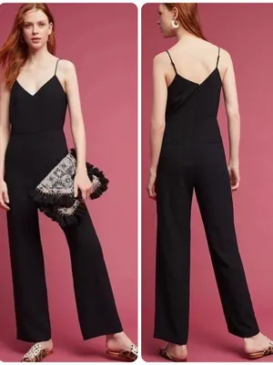 Anthropologie The Essential Slim Jumpsuit Black Spaghetti Strap Sz 0 thumbnail 2