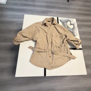 📌 TITLE Zara Khaki Tan Utility Drawstring Button Down Blouse Top XS thumbnail 14