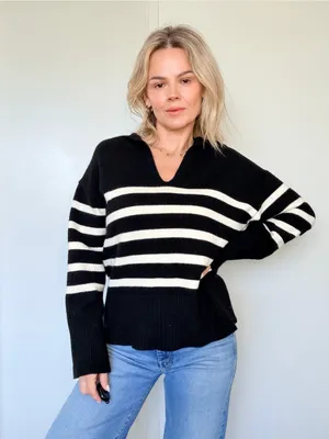Zara Black & White Striped V-Neck Sweater thumbnail 1