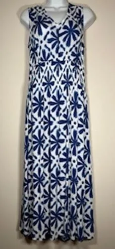 Blue and White Classic V-Neck Maxi Dress Size Medium Smocked Boho‎ Summer Resort thumbnail 1