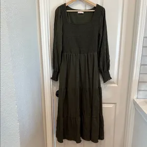 Kirundo smocked olive green long sleeve maxi dress thumbnail 5