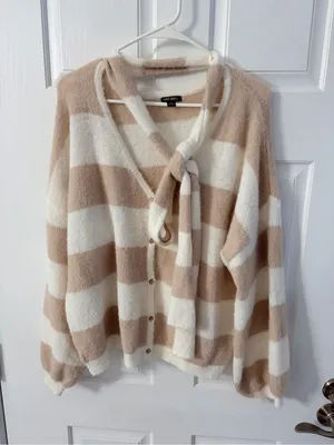 wild fable Beige & Cream Striped Tie-Neck Cardigan thumbnail 4