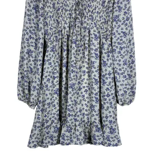 &merci Smocked Floral Mini Dress Blue Cream Boho Ruffle Long Sleeve Size S thumbnail 4