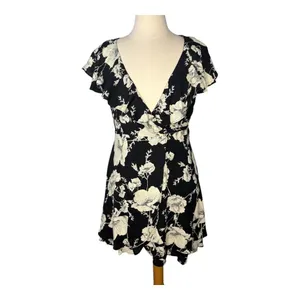 Free People Floral Wrap Mini Dress Womens Size Small Black White Ruffle Flutter‎ thumbnail 9