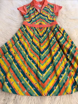 Disney Coral, Teal & Yellow Striped Fit-and-Flare Dress size M length 42” B32” thumbnail 11
