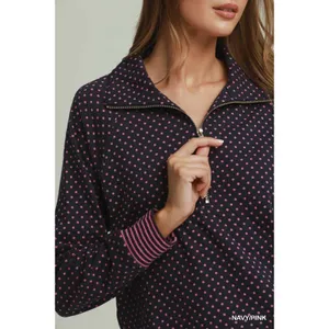 Umgee Polka Dot Half Zip Sweatshirt - Navy/Pink - Medium thumbnail 4